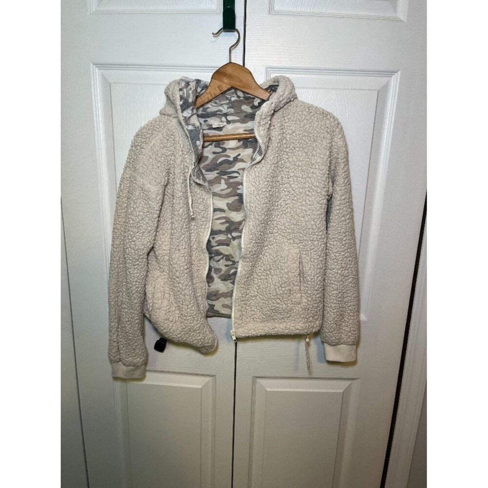 Hem & Thread Sherpa Hoodie Cream Small Cozy Zip Jacket